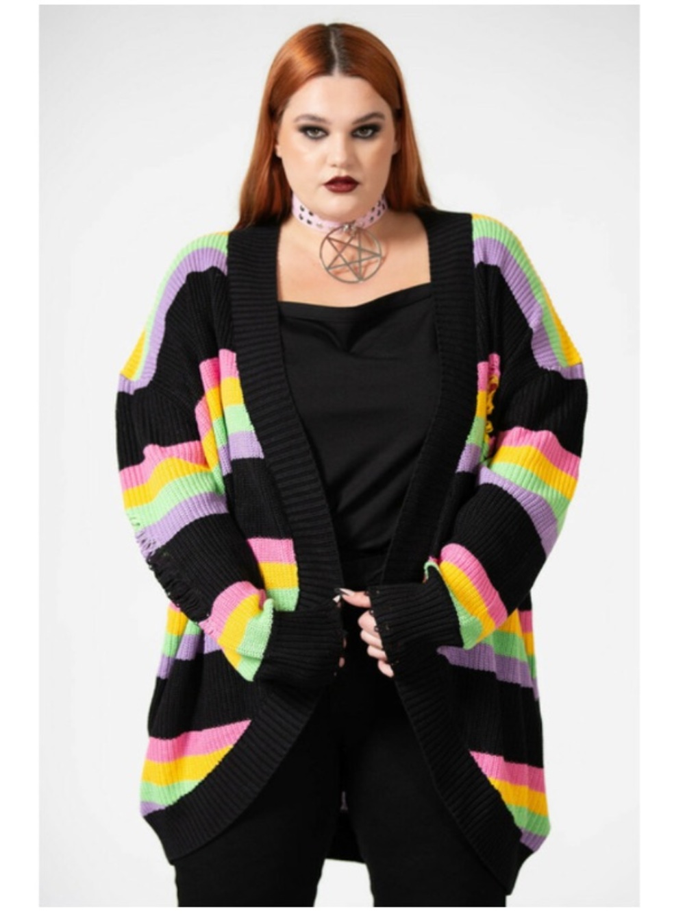 Killstar Rainbow Striped Chunky Knit Open Tunic Cardigan Sweater Punk Large